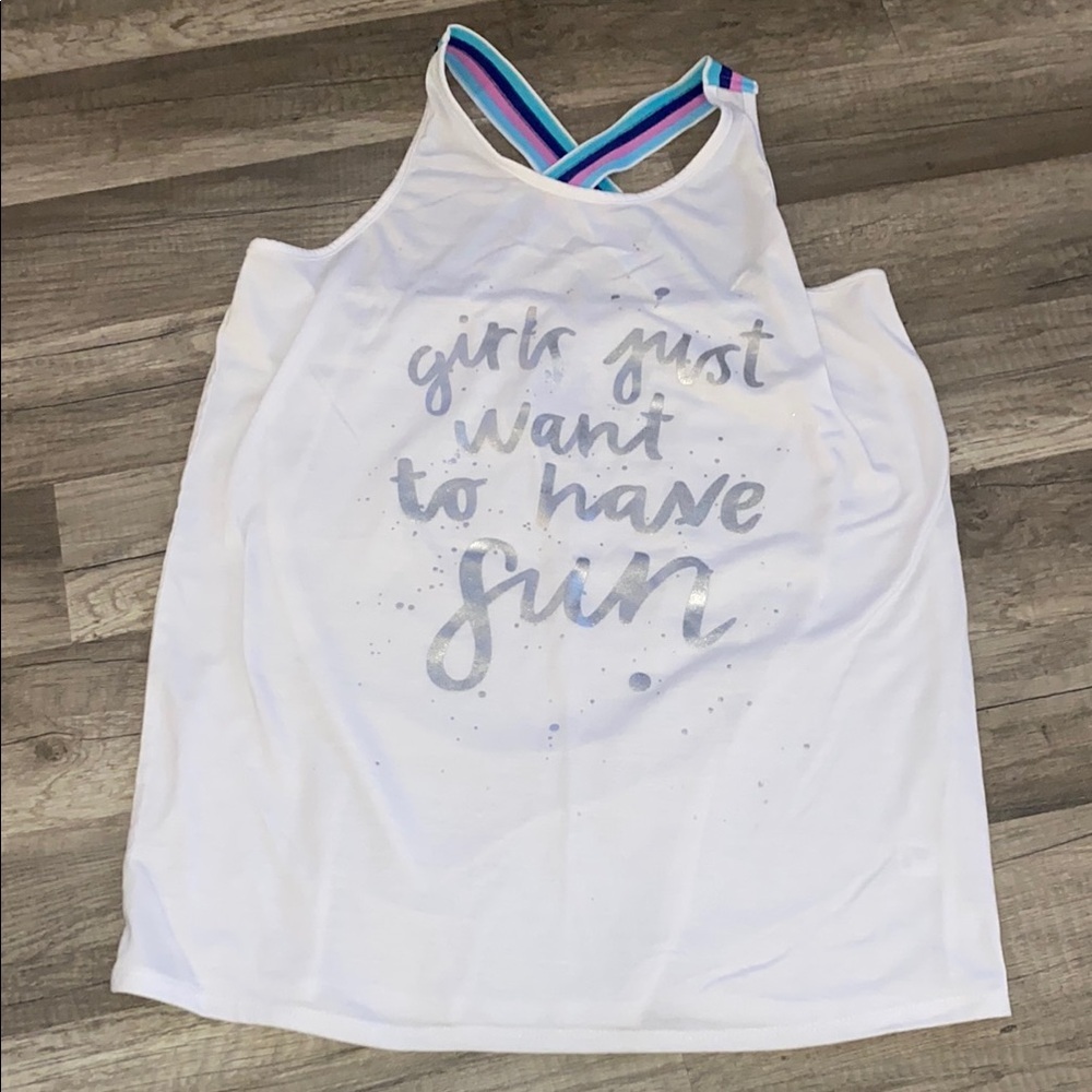 💚 3/$15 White Tank Top with Graphic Print and Colorful Straps